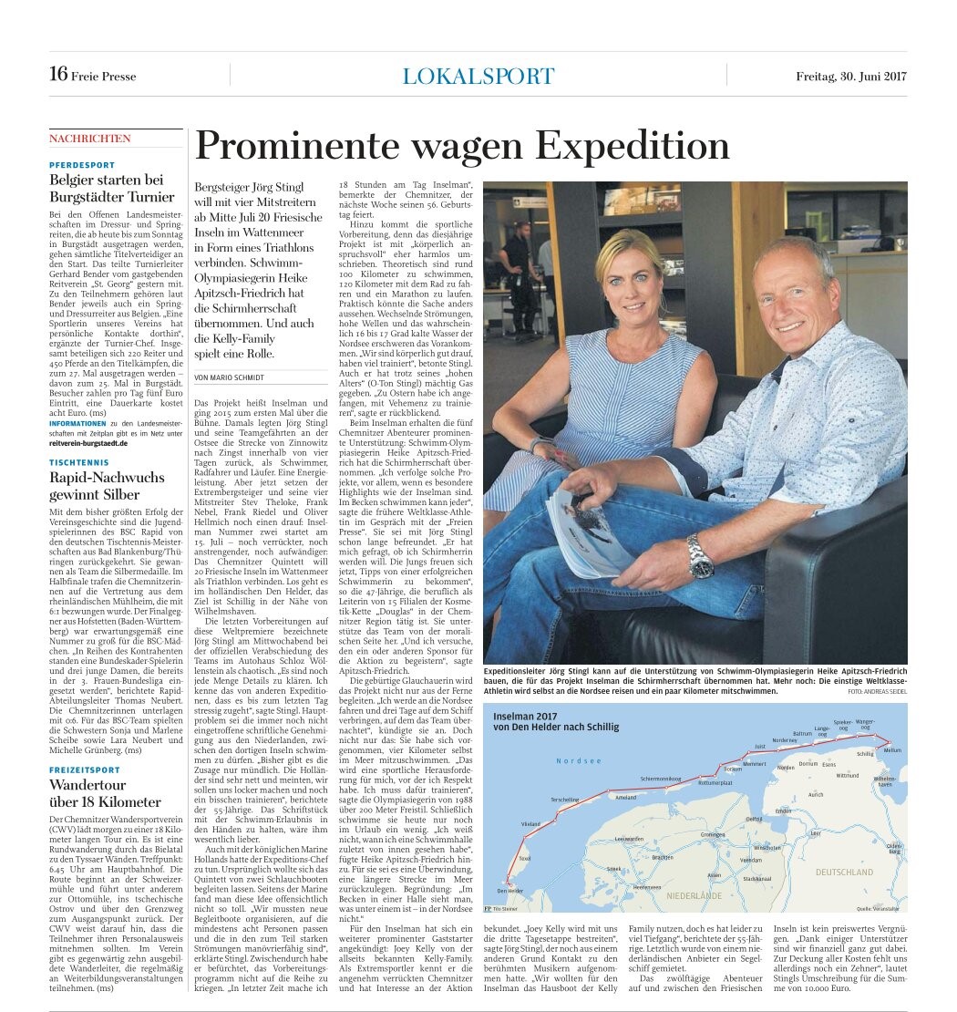 Artikel der Freien Presse 'Prominente wagen Expedition' über den Inselman 2017